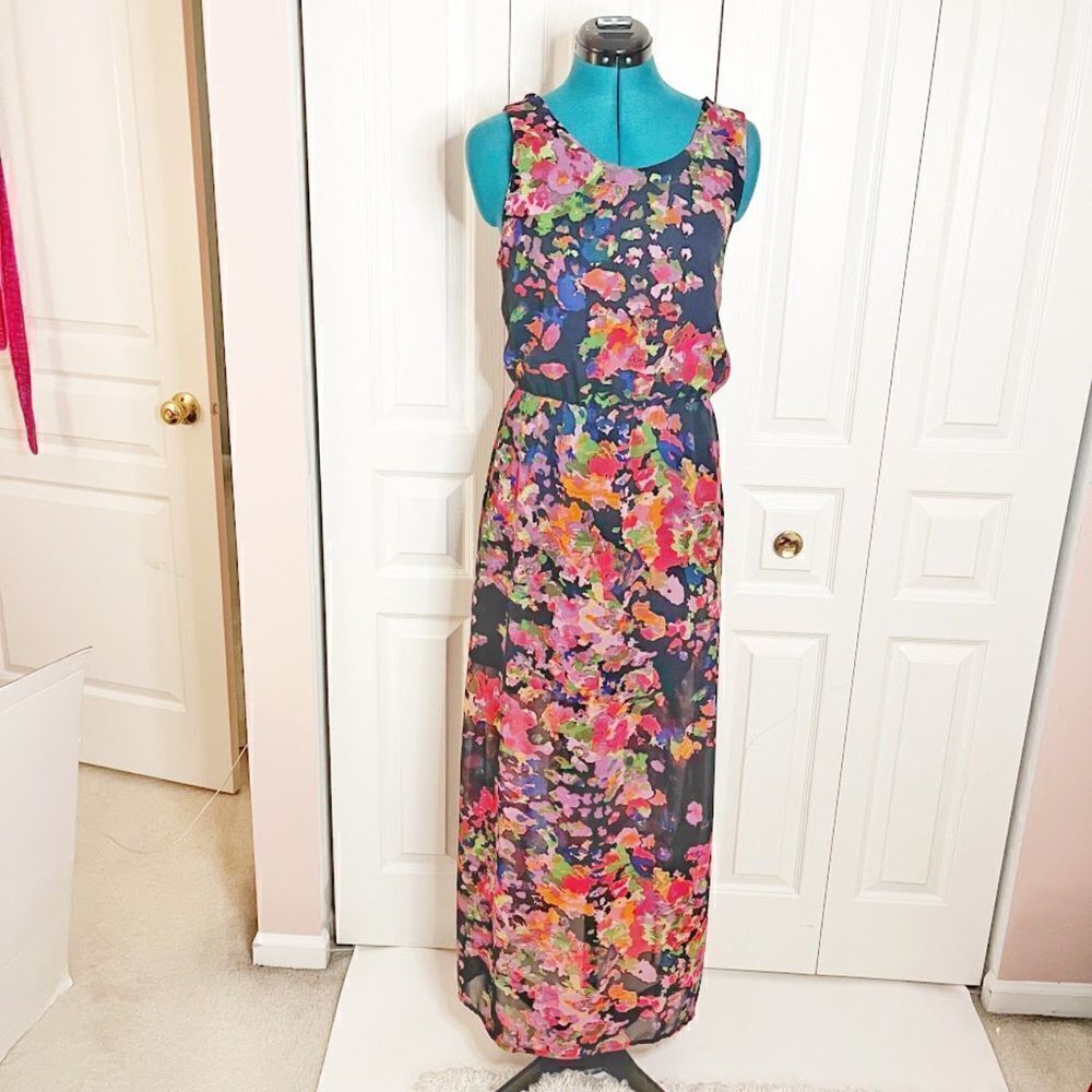 W118 Walter Baker NWT Floral Marble Sleeveless Sheer Racerback Lined Maxi Dress
